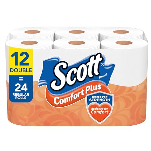 Scott ComfortPlus Toilet Paper, 12 Double Rolls packaging, stating the rolls equal 24 regular rolls and highlighting strength and comfort.
