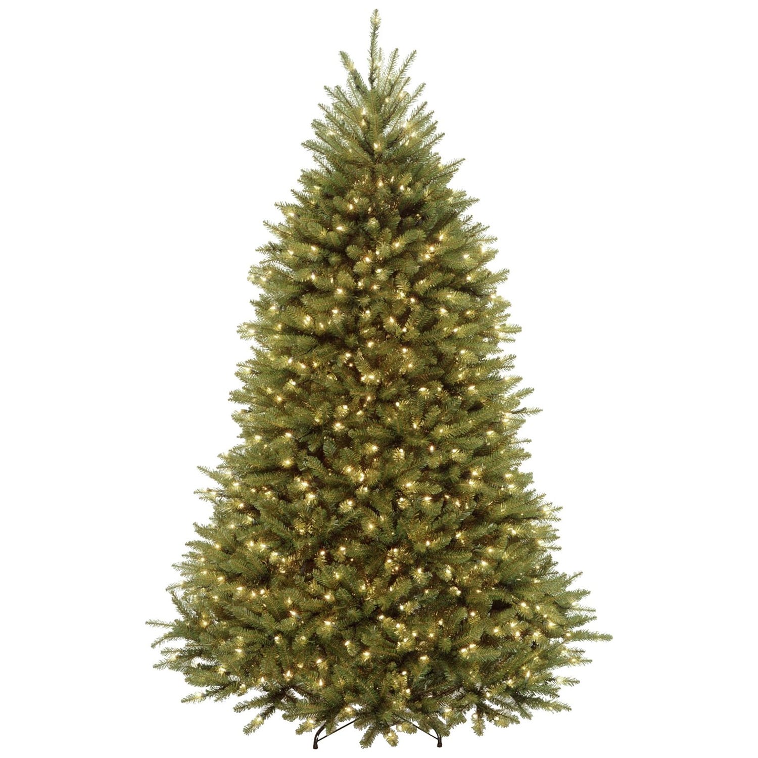 Artificial Christmas tree with warm white lights, featuring dense, realistic branches and a full, conical shape.