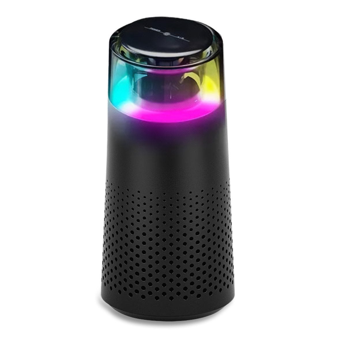 Cylindrical HEPA air purifier with a perforated black body and a color-changing LED light at the top.