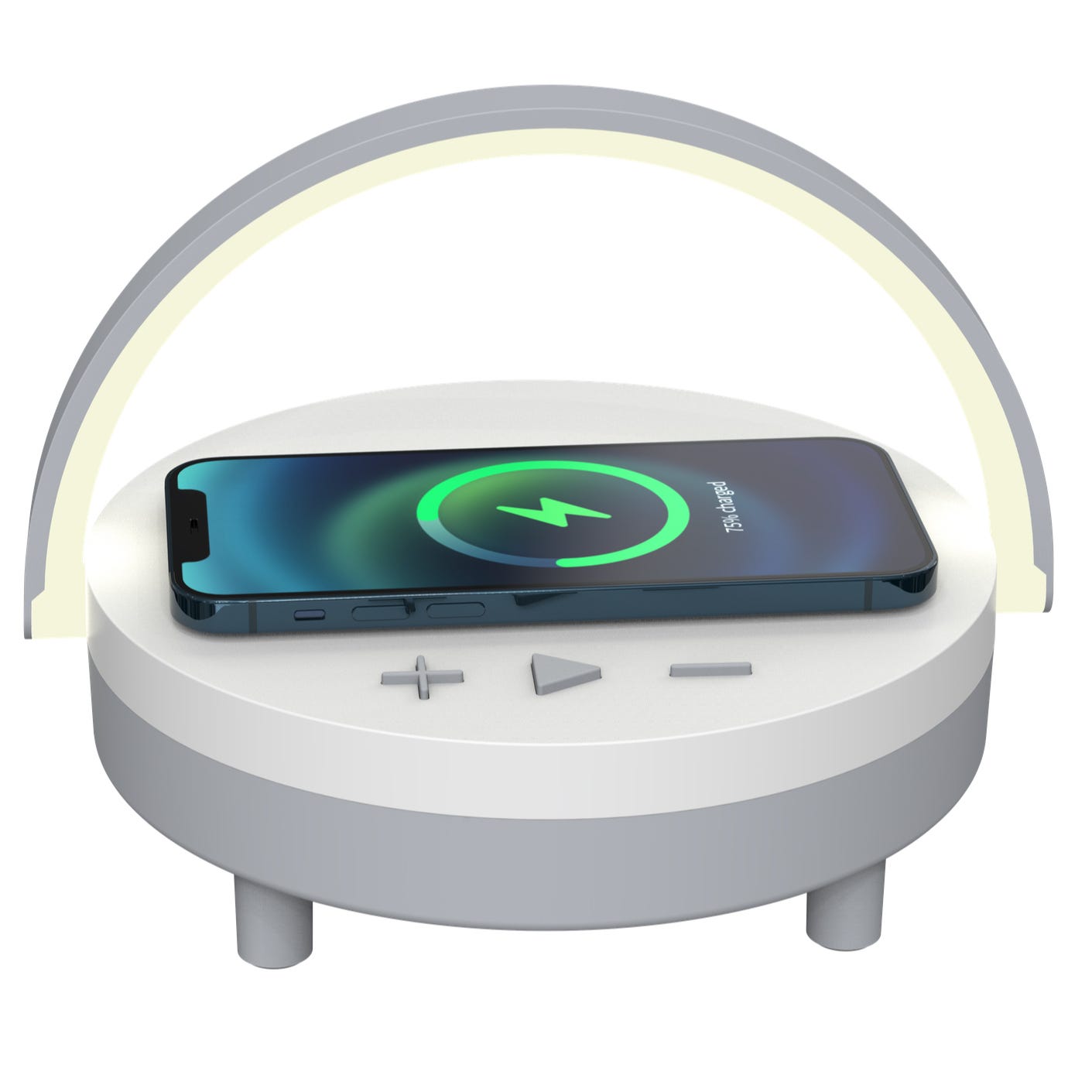 A smartphone is placed on a wireless charging dock, indicating charging in progress.