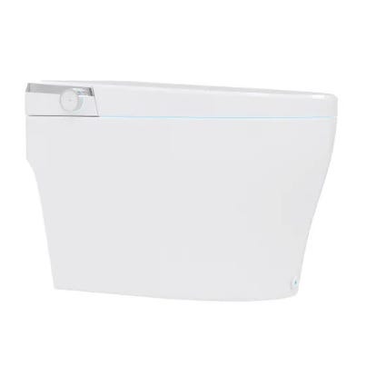 Smart toilet tank with a sleek design, featuring a side-mounted control knob.