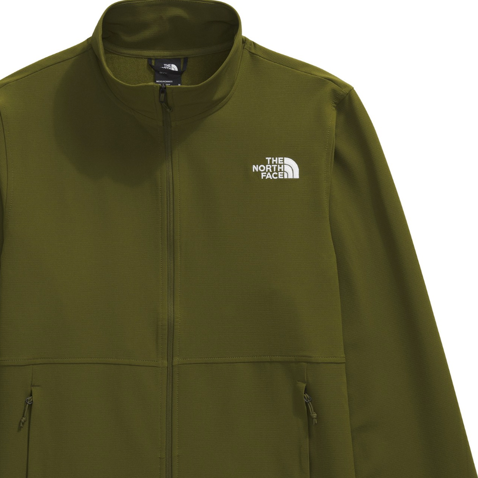 Olive green zip-up jacket with The North Face logo on the chest, featuring zippered pockets and a high collar.