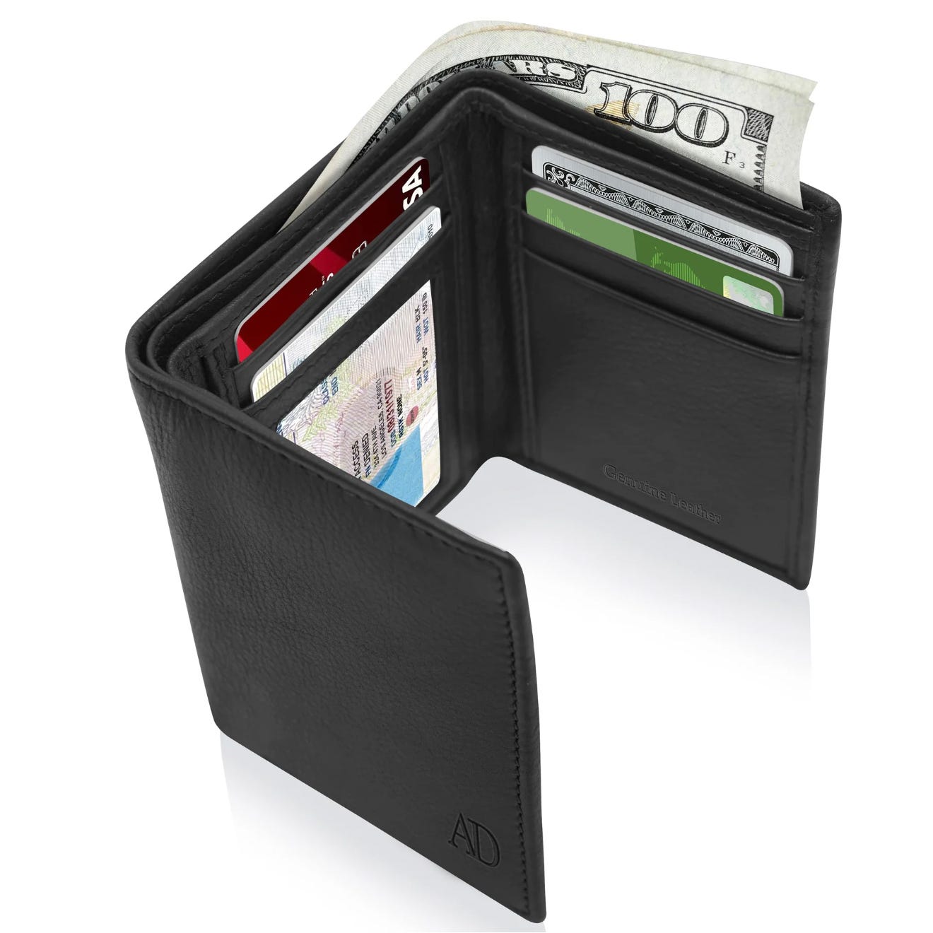 A black leather bi-fold wallet with credit cards and cash visible in its pockets.