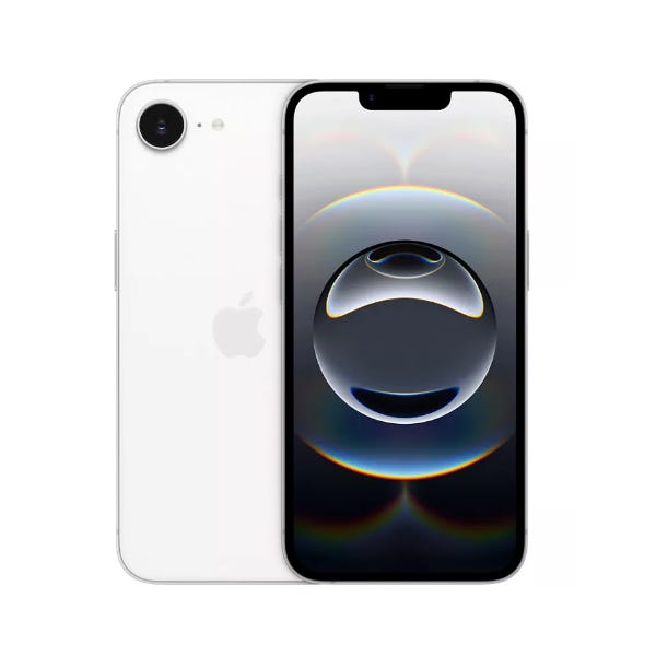 Two views of the Verizon iPhone 16e are shown: the front displays a circular abstract design on the screen, while the back features a single rear camera and the Apple logo, in a clean white color.