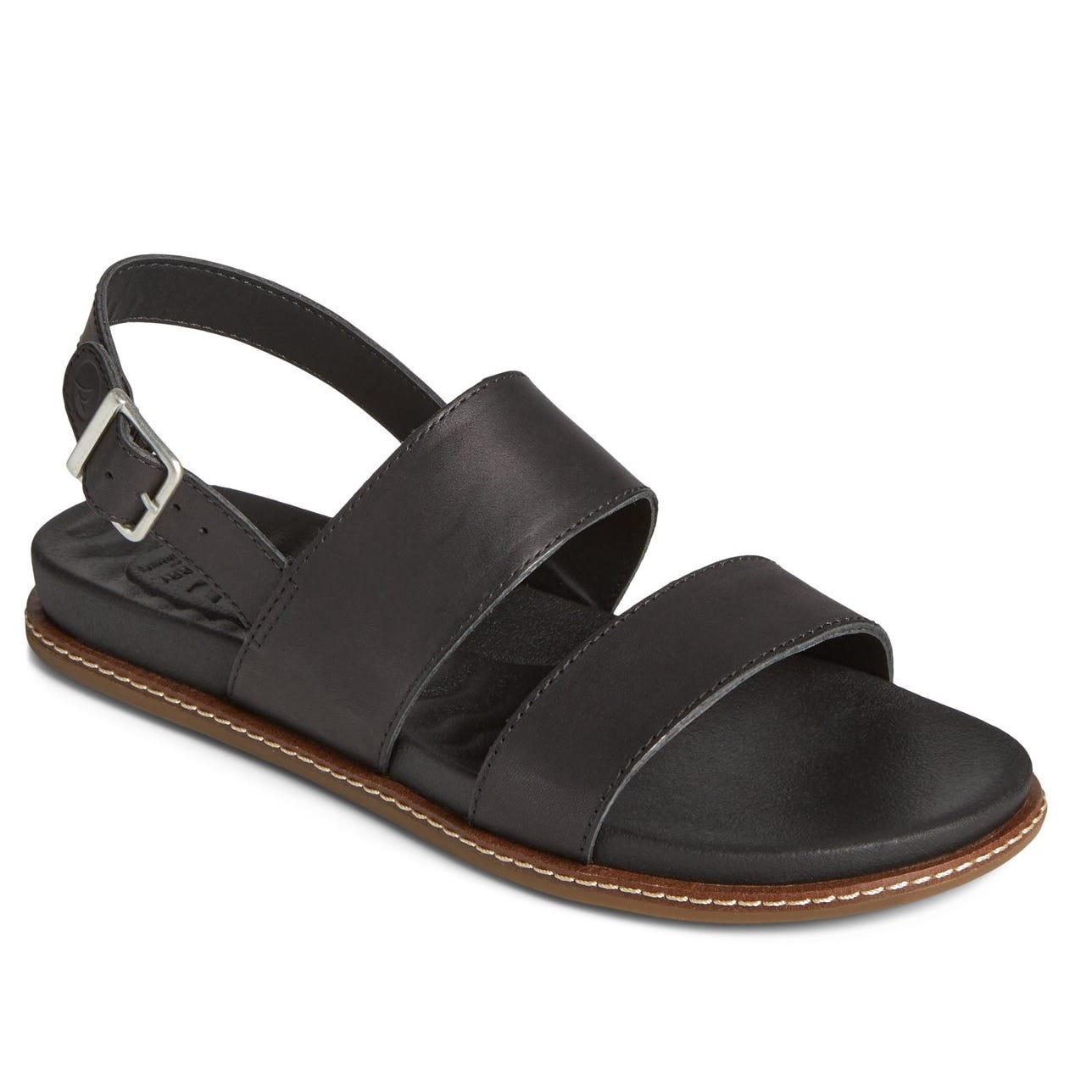 Black leather sandal with an adjustable buckle strap and wide front bands.