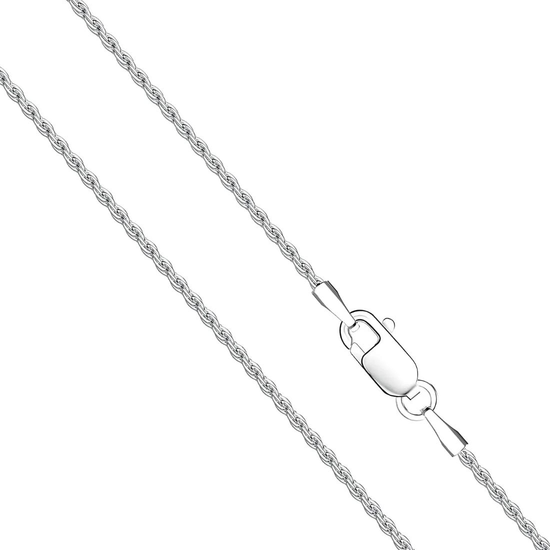 Silver rope chain necklace with a lobster clasp.