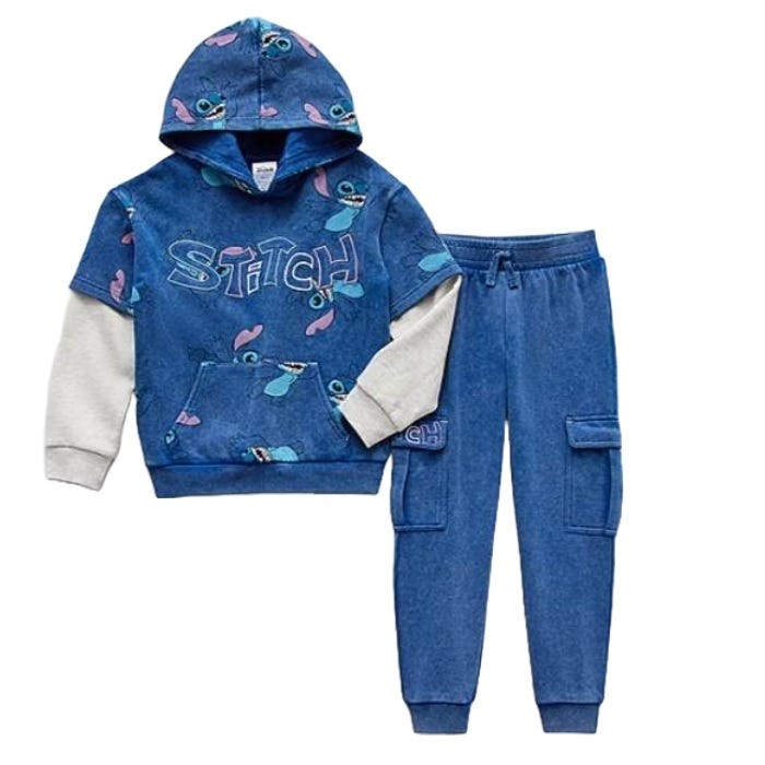 A blue hoodie featuring Stitch graphics and matching blue jogger pants with cargo pockets, showcasing a playful and casual design for kids.