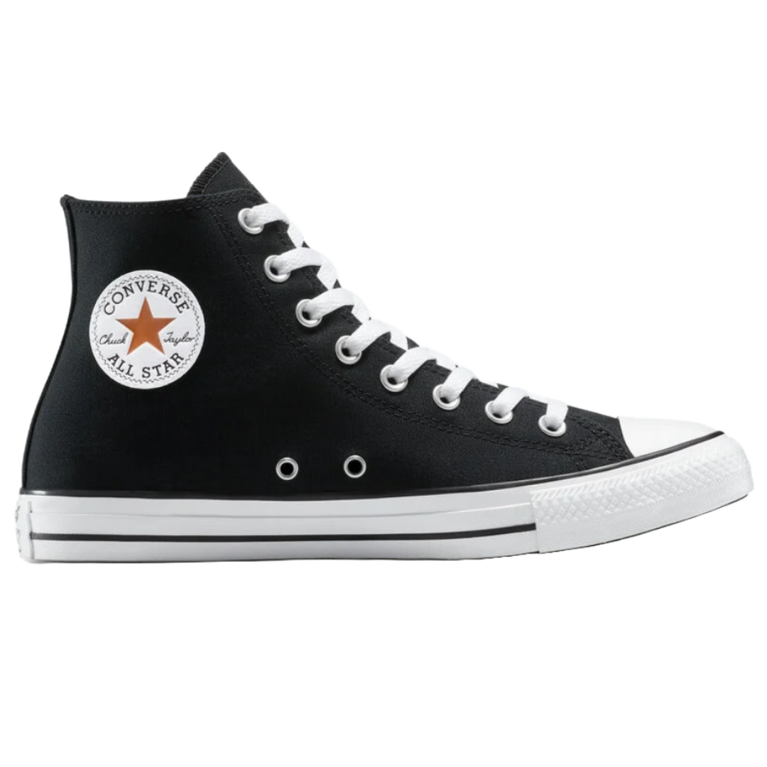 A black Converse Chuck Taylor All Star high-top sneaker with white laces, a white toe cap, and a Converse logo patch on the side.