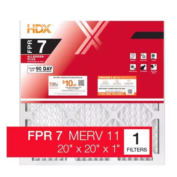 HDX air filter with FPR 7 MERV 11 rating, measuring 20 inches by 20 inches by 1 inch.