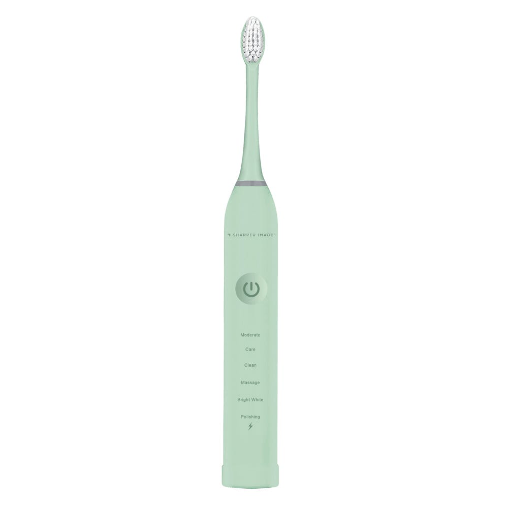 A mint green Sharper Image electric toothbrush featuring a power button and settings for Moderate, Care, Clean, Massage, Bright White, and Polishing.
