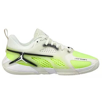 A white and neon green low-top sneaker featuring black accents and a notable logo on the side.