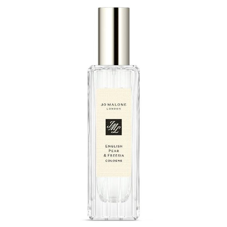 Jo Malone London English Pear & Freesia Cologne in a clear, cylindrical bottle with a silver cap and cream label.