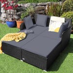 Outdoor rattan furniture set with cushions and throw pillows, featuring a loveseat and ottoman that can be arranged as a lounge or bed.