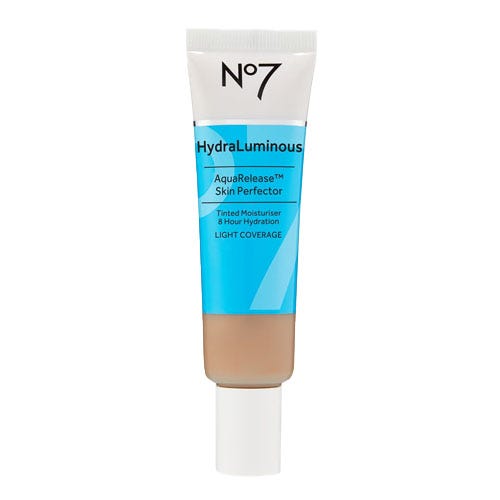 No7 HydraLuminous AquaRelease™ Skin Perfector is a tinted moisturizer offering light coverage and 8-hour hydration.