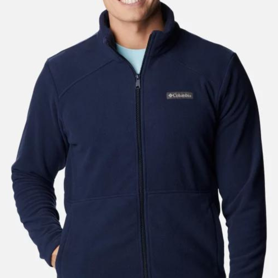 A navy blue Columbia-branded fleece jacket with full zip and logo on the chest.