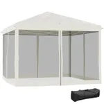 A white canopy instant tent with bug netting on all sides and a black carrying bag below.