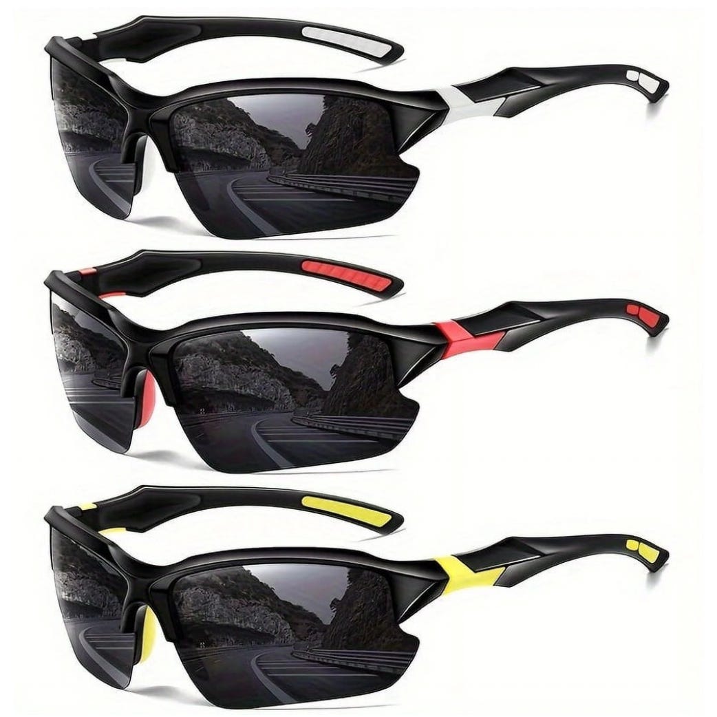Three pairs of sporty sunglasses featuring black frames with colored accents: one with white, another with red, and the last with yellow detailing. They have wraparound lenses suited for outdoor activities.