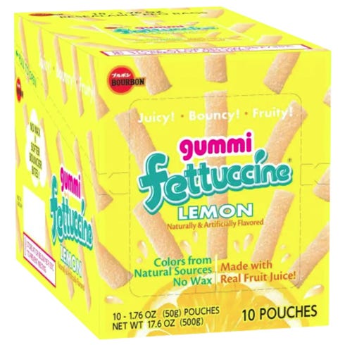 Gummi Fettuccine Lemon Candy, 10 pouches per box, featuring a juicy and bouncy texture, naturally and artificially flavored. Made with real fruit juice, no wax, and colored from natural sources. Total net weight: 17.6 oz (500g).