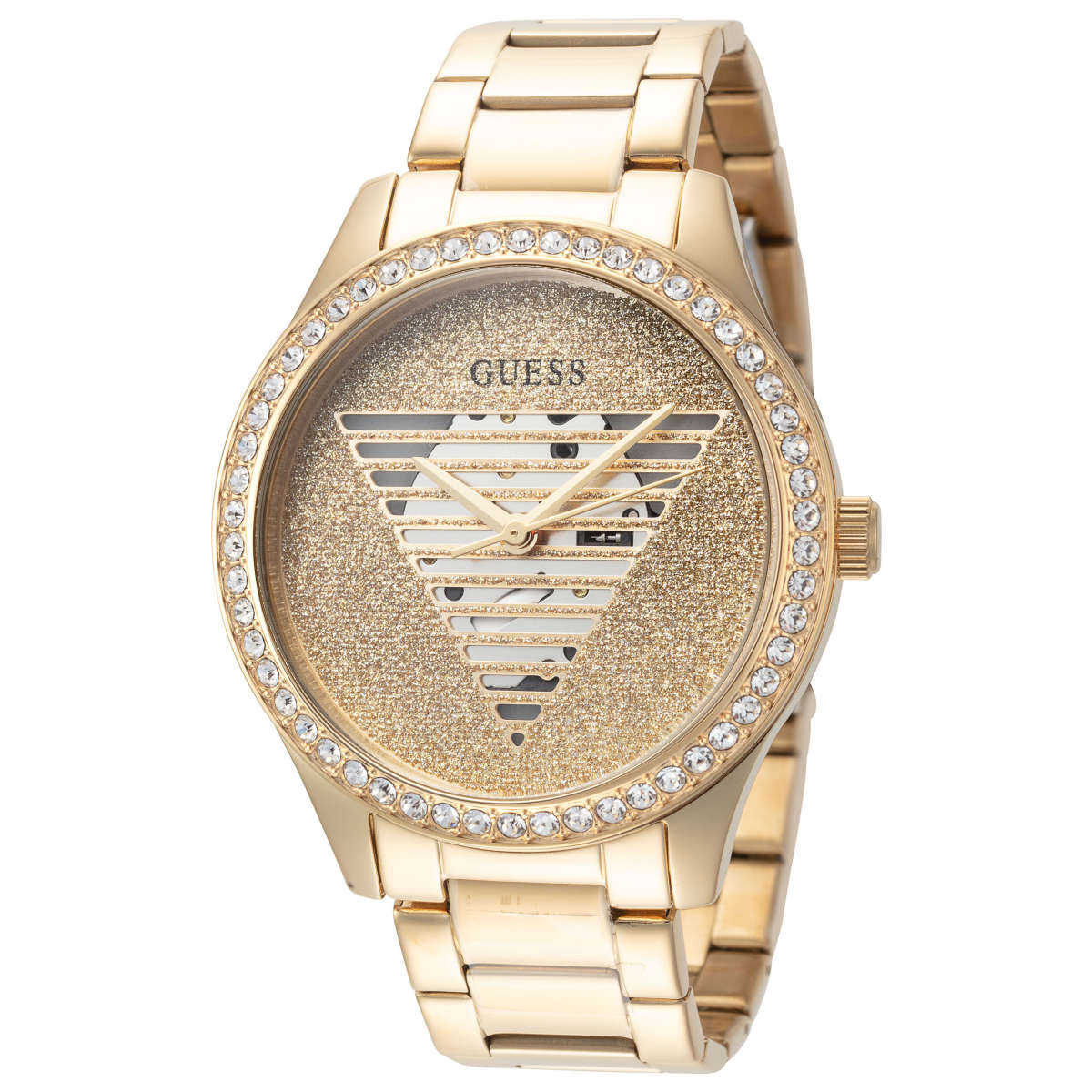 Gold-tone Guess Idol watch featuring a glittery dial with a geometric pattern and crystal-embellished bezel. The bracelet is polished gold-tone metal, matching the case and dial accents.