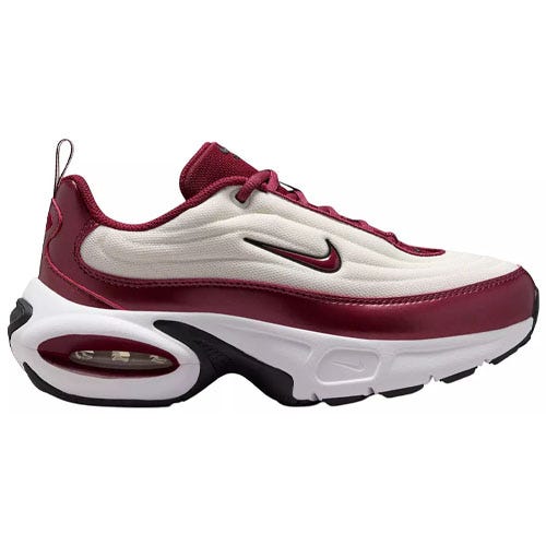 Nike Women's Air Max TW SE shoes feature a white and burgundy color scheme, cushioned soles with visible Air Max units for comfort, and a sleek, sporty design with a prominent Swoosh logo.