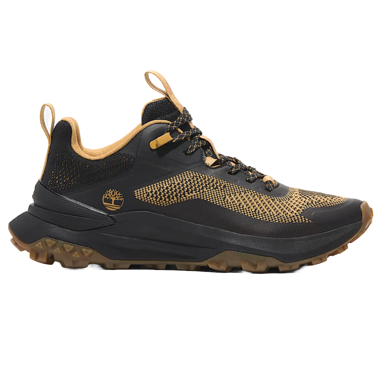 Timberland Motion Access Sneakers feature a black knit upper with tan accents, a rugged outsole for traction, and a prominent Timberland logo. They offer a stylish design ideal for outdoor activities.