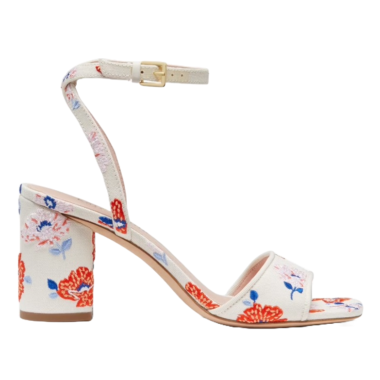 Kate Spade Delphine Sandals feature a block heel design with a floral pattern in red, blue, and white. They have an ankle strap with a gold buckle for closure.