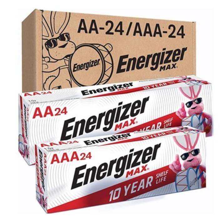 Packs of Energizer AA and AAA batteries, 24 each, with 10-year shelf life claim.
