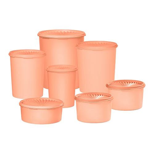 A set of six peach-colored cylindrical containers with lids, featuring a decorative sunburst pattern on top.