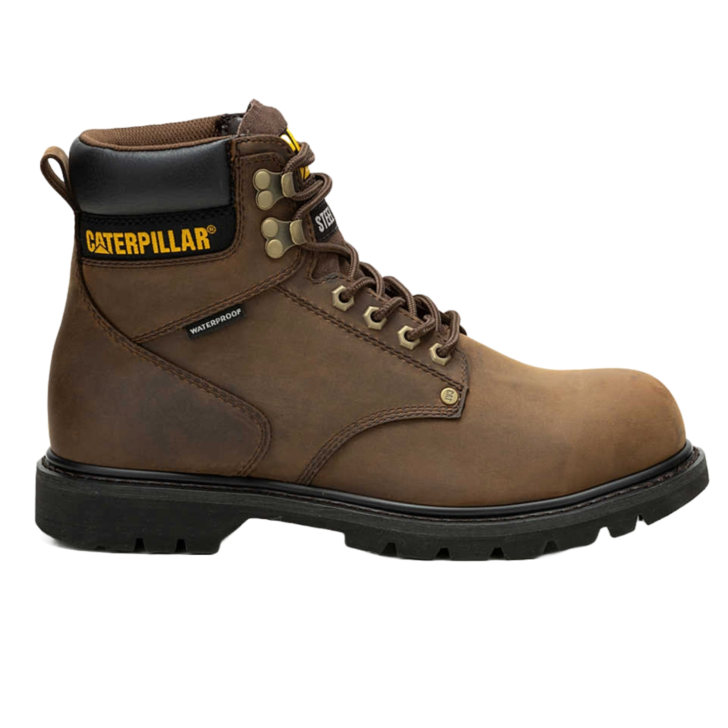 Brown leather work boots with padded ankle support and metal eyelets, featuring a Caterpillar logo and waterproof label.