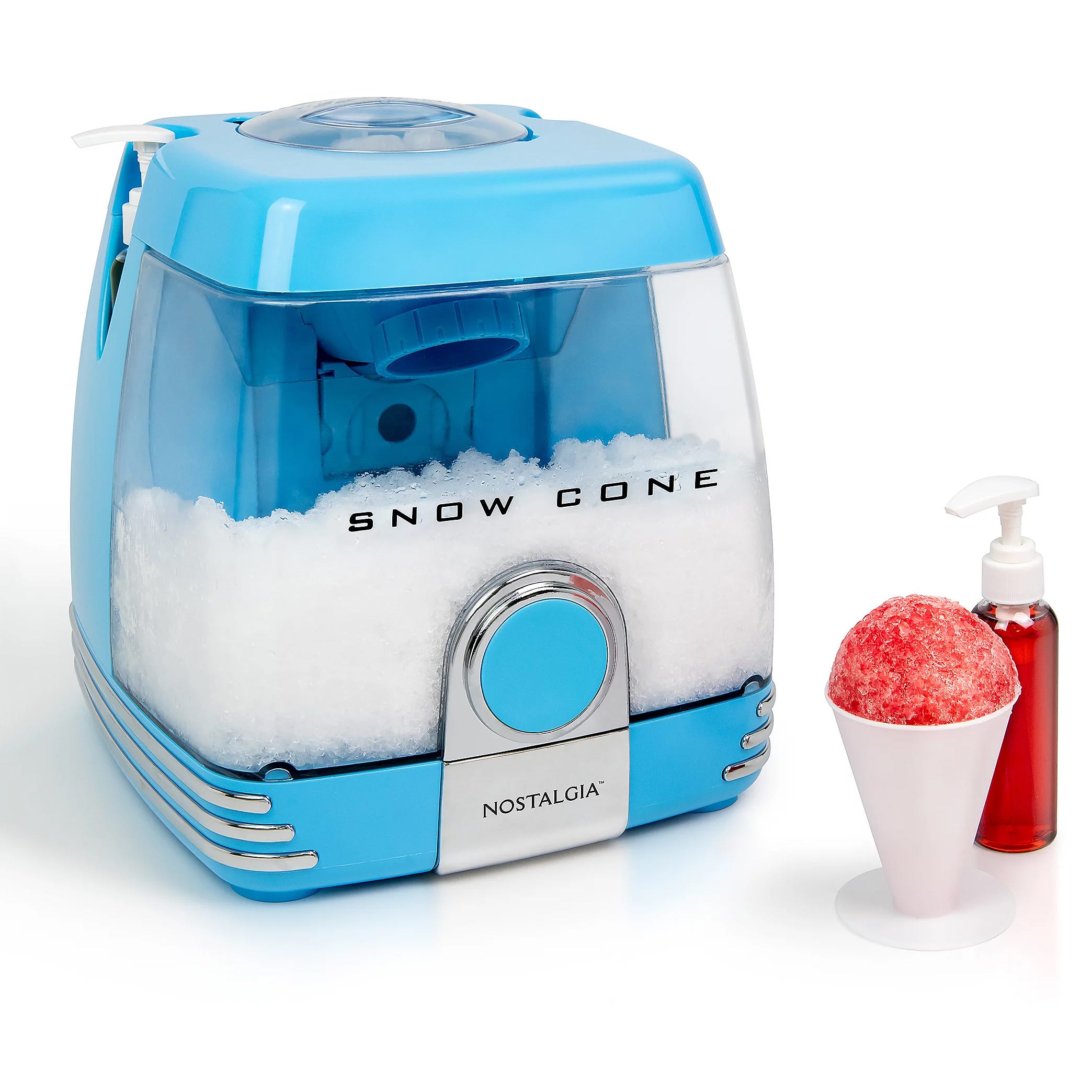 A blue and white snow cone machine next to a red syrup bottle and a snow cone in a white cup.