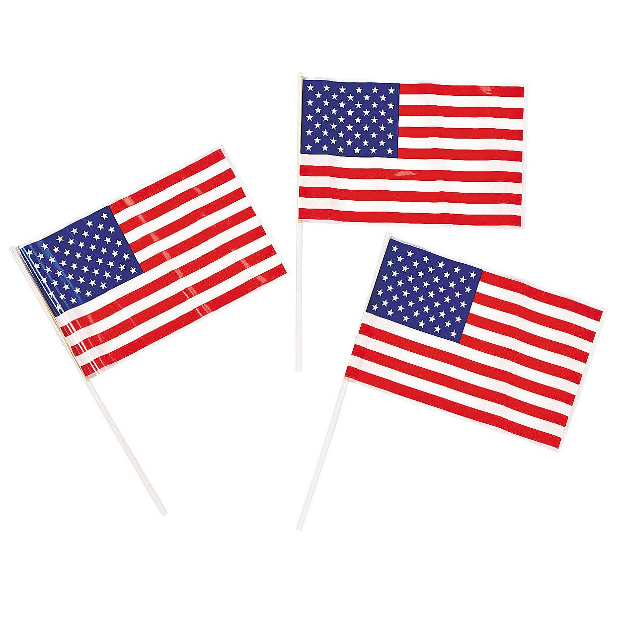 72ct Mini American Flags feature the US flag design, each with a blue field of stars and red and white stripes. They are attached to small plastic sticks, suitable for handheld use or decoration.