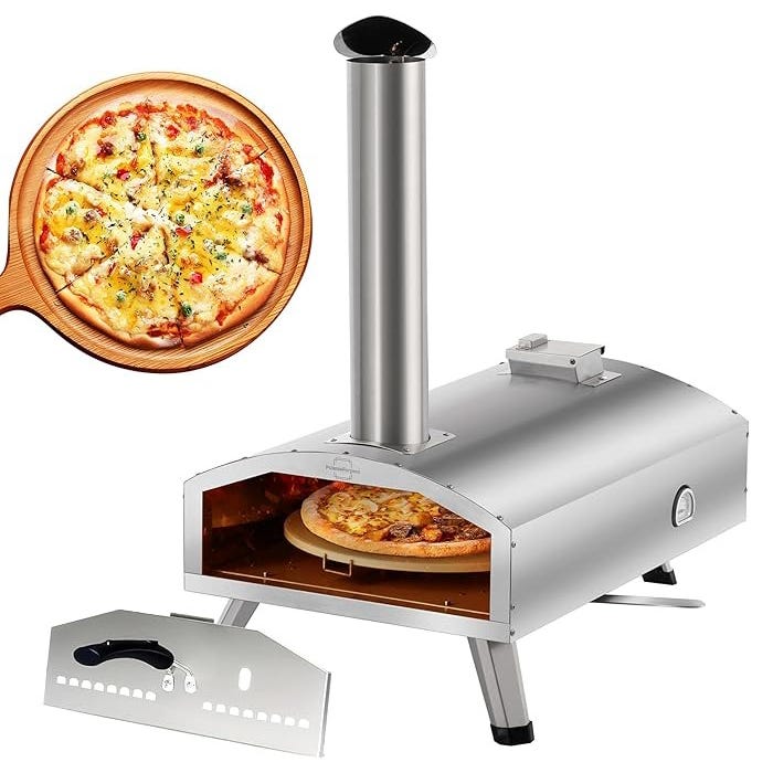 A portable stainless steel pizza oven with a removable door and chimney, shown baking a pizza. A separate wooden peel with a cooked pizza is also displayed.