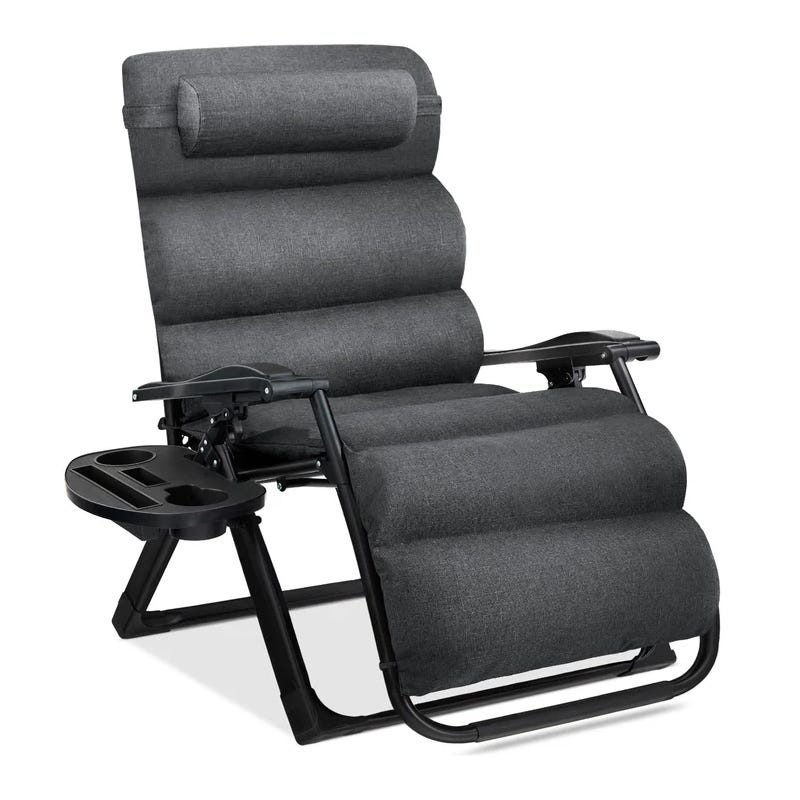 Reclining chair with padded design, featuring a built-in side table with cup holders and slots.