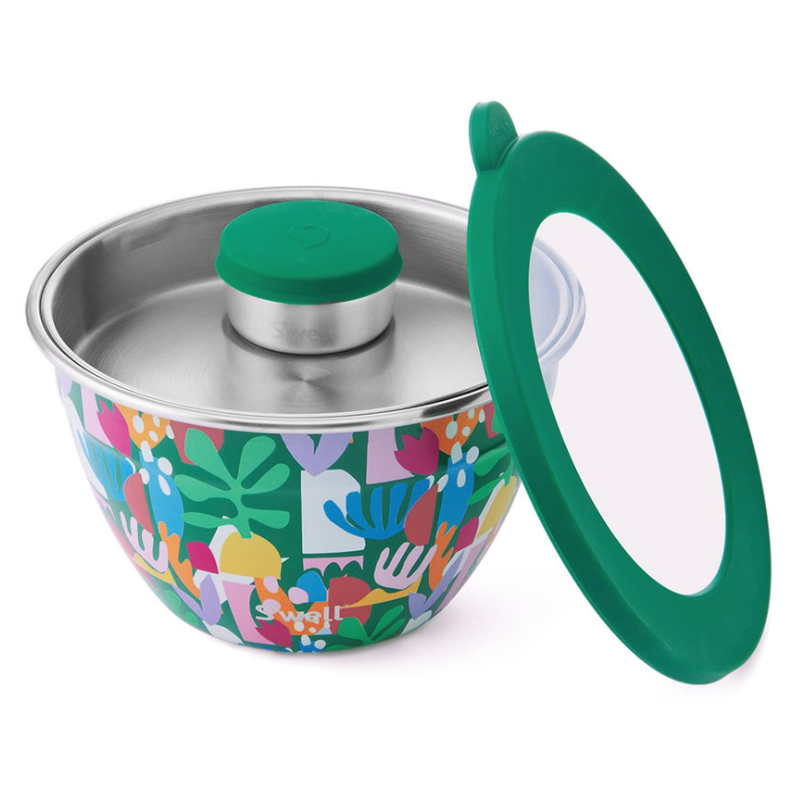 64oz Salad Bowl Kit features a colorful patterned stainless steel bowl with a matching green lid, designed for storing and transporting salads or other foods. It includes an airtight seal to keep contents fresh.