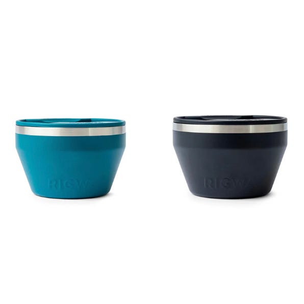 A 2-pack of 20oz Rigwa insulated bowls, featuring a teal and a dark gray bowl. Each bowl includes a stainless steel rim and is designed for maintaining the temperature of contents.