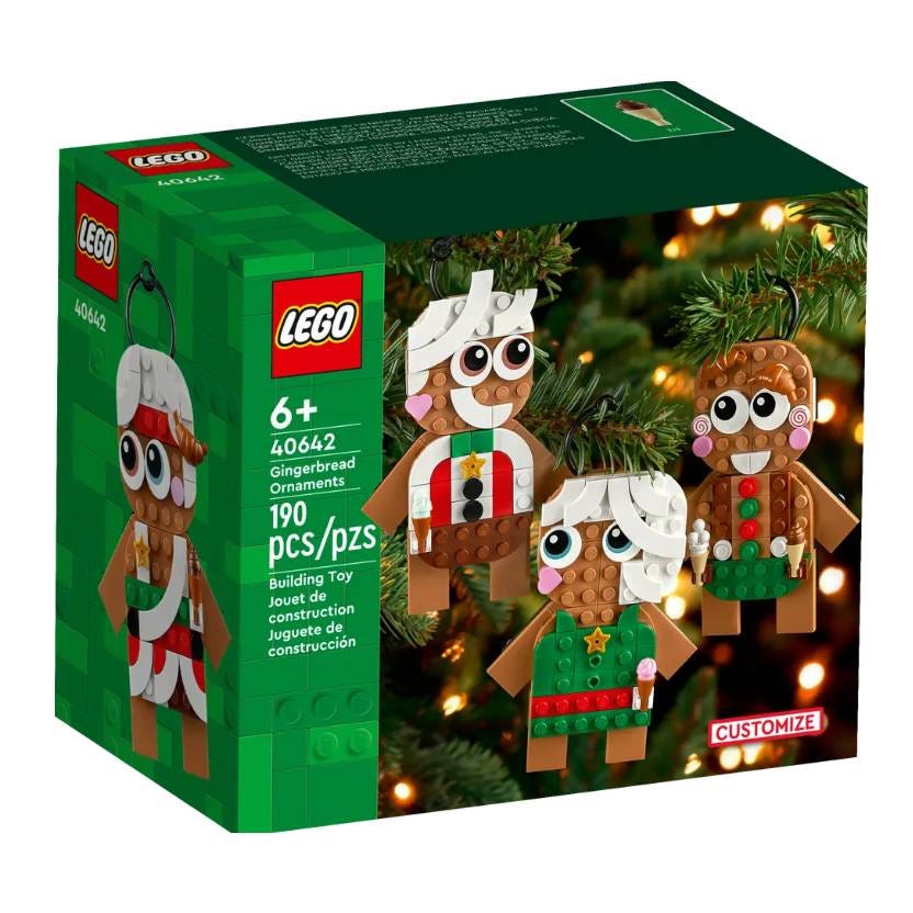 LEGO 40642 Gingerbread Ornaments set features 190 pieces for building festive gingerbread figures, designed for ages 6 and up. The box shows three gingerbread characters with holiday-themed accessories.