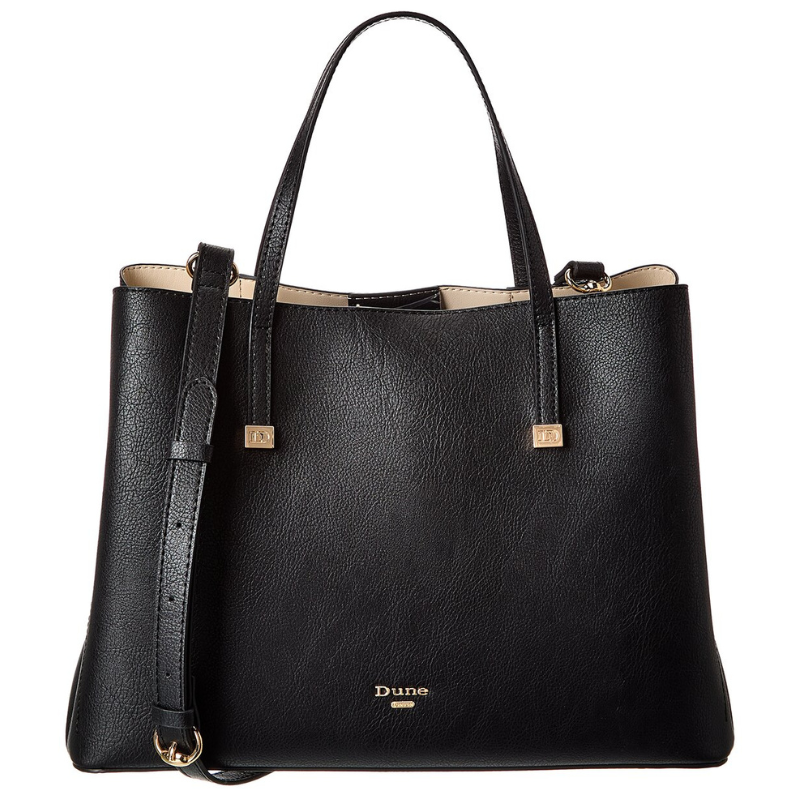 Black leather tote bag with dual handles and a detachable shoulder strap, featuring the \“Dune\“ logo in gold lettering.
