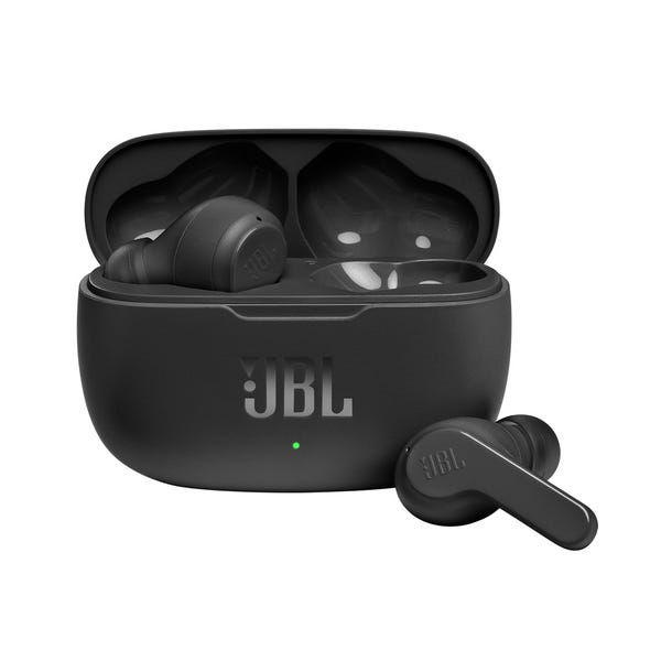 Black JBL true wireless earbuds with a charging case.