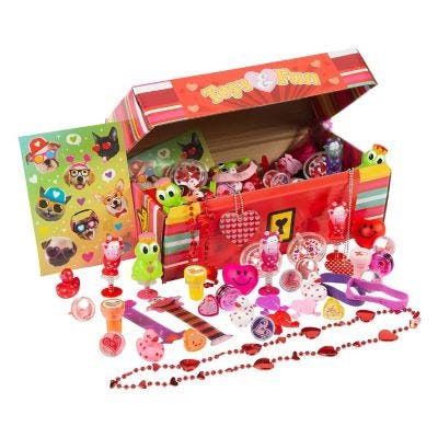 Valentine's Day Treasure Chest includes 100 pieces of assorted toys and trinkets such as rings, stamps, stickers, necklaces, and various small novelty items in vibrant colors with heart and smiley face motifs.