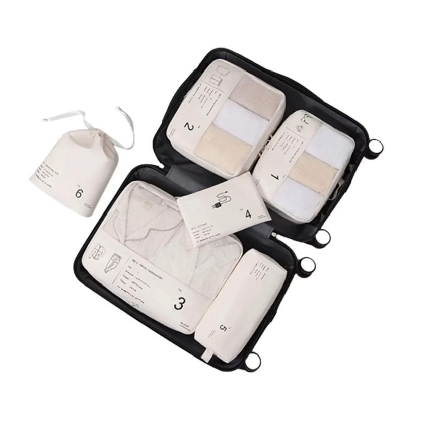 Travel packing cubes in a variety of sizes displayed in an open suitcase, each labeled with a number and a brief description.
