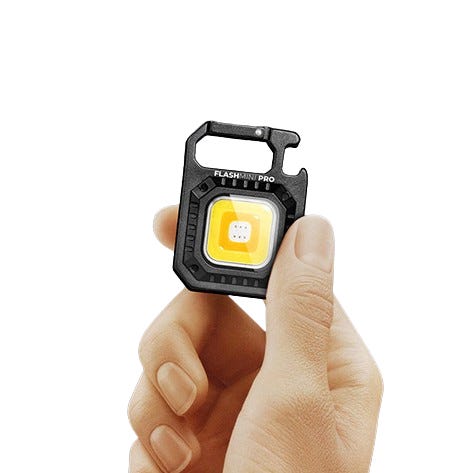 A compact, handheld LED flashlight with a square light array and integrated carabiner clip, designed for portability.