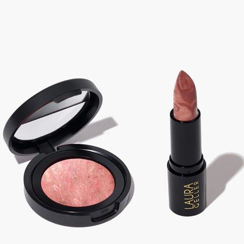 Laura Geller makeup set with a pink marbled baked blush in a black compact case and a pinkish-nude lipstick in a black tube with branding.