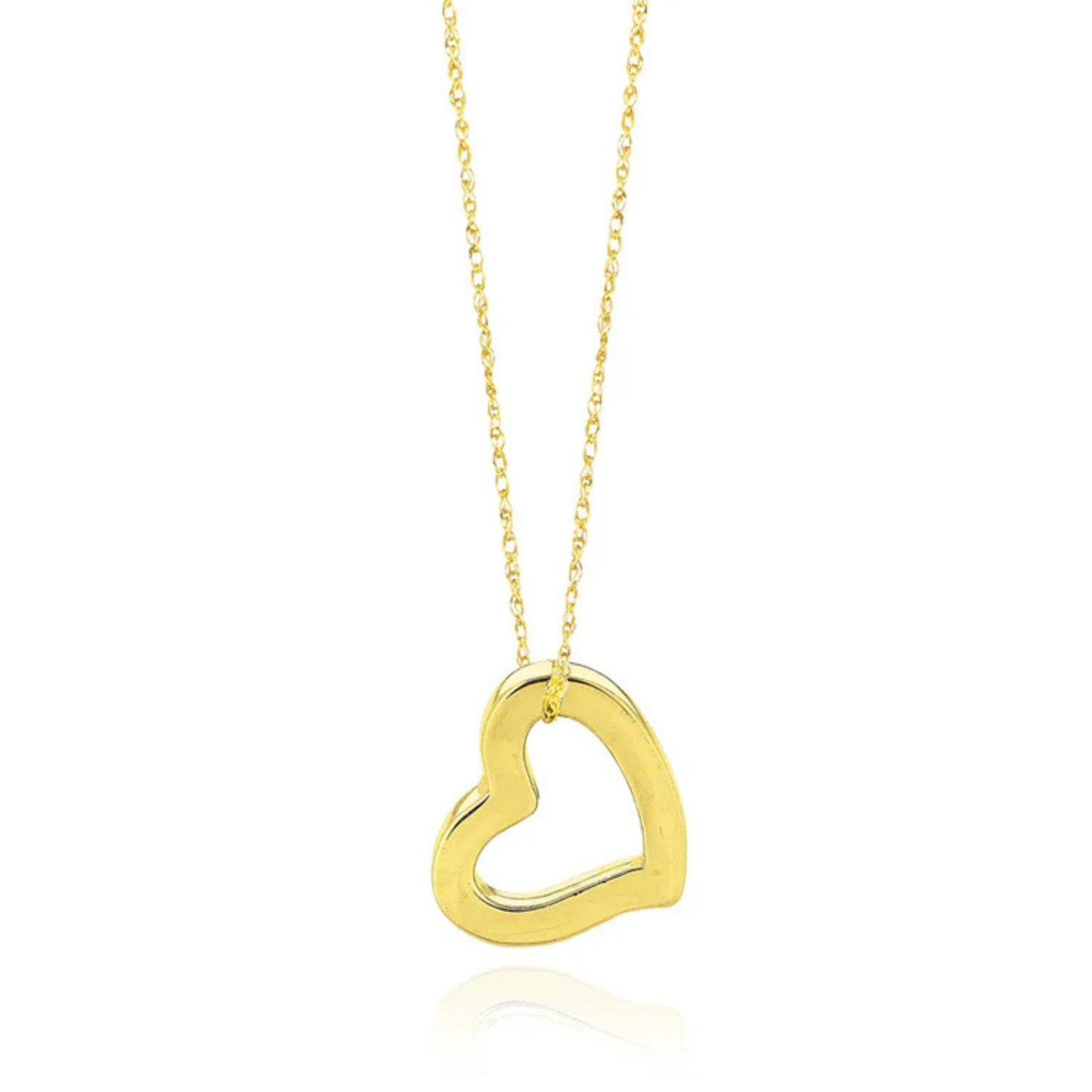 A gold necklace featuring an open heart pendant with a smooth, polished finish, suspended from a delicate chain.