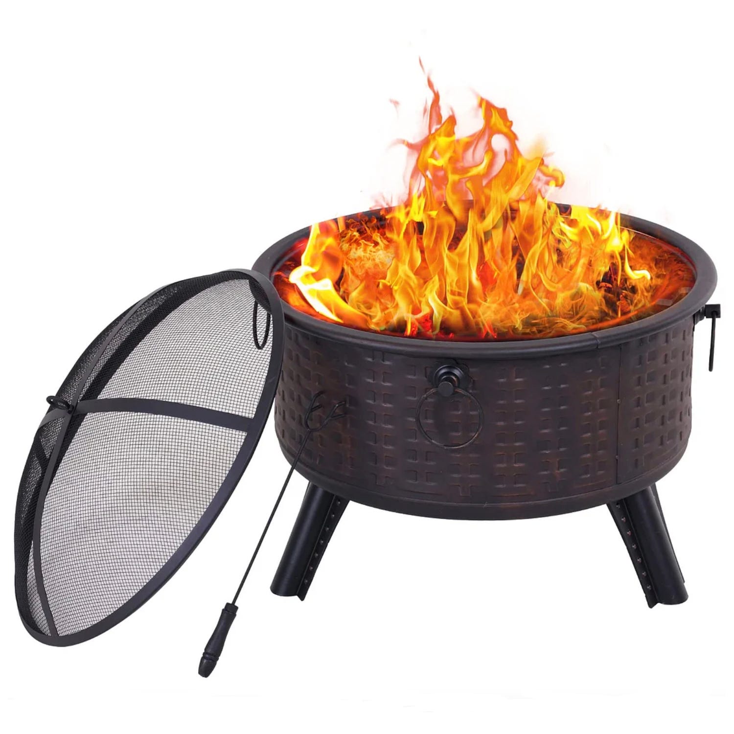 Outdoor fire pit with flames and a separate mesh cover, on legs with a patterned exterior.