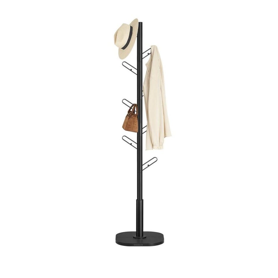 Black metal coat rack with eight staggered hooks, featuring a hat, beige jacket, and brown bag for storage and organization.