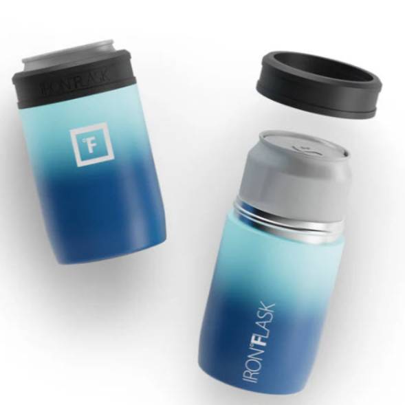 Two blue gradient Iron Flask insulated bottles, one with the lid off.