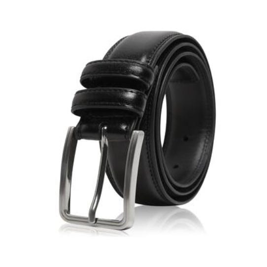 A rolled-up black leather belt with a silver buckle.
