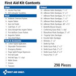 The image shows a list of items included in a 299-piece first aid kit, categorized into clean, treat, protect, and tools & accessories sections.