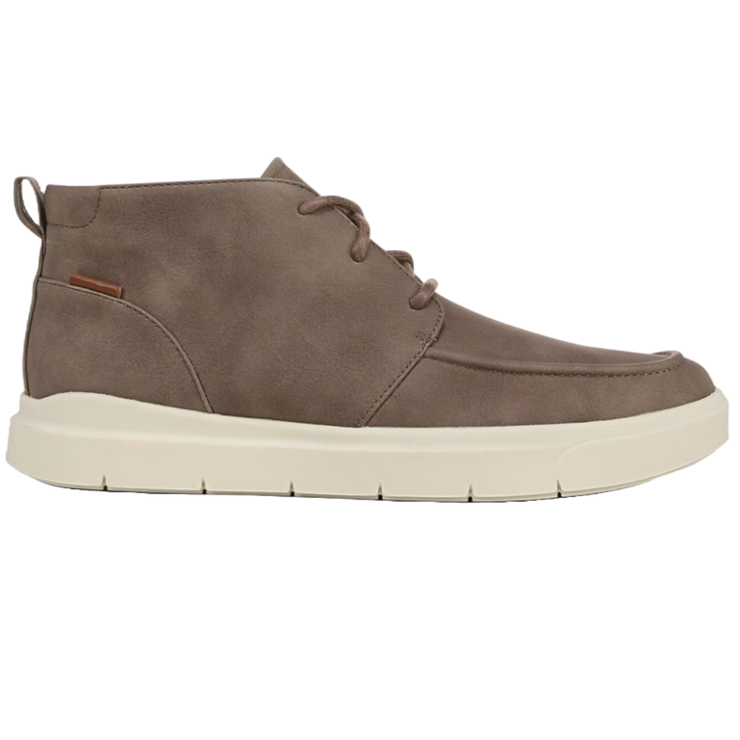 Men's brown chukka boots with a suede-like finish, featuring a lace-up design and a contrasting white, cushioned sole for comfort.