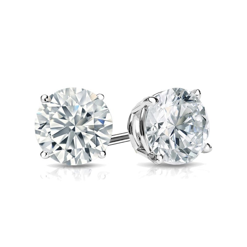 1/2ct lab-grown diamond studs set in 14K white gold, featuring round brilliant-cut diamonds in a four-prong setting.
